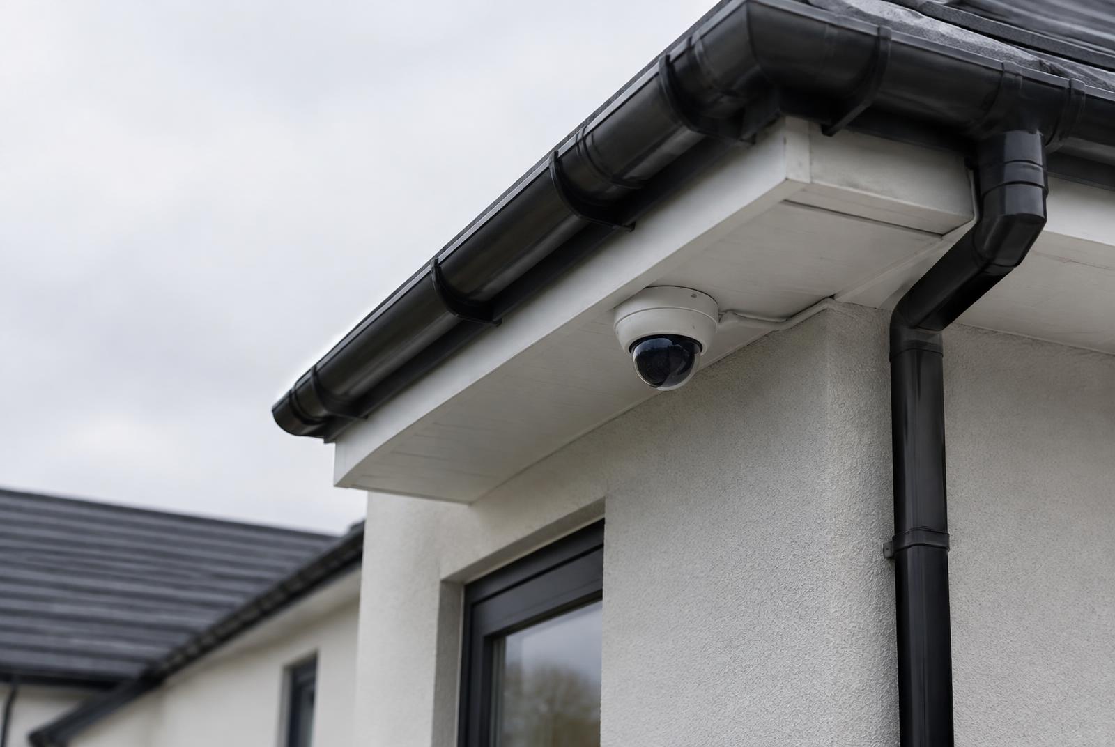 White dome CCTV camera neatly fitted under the eaves of a modern house
