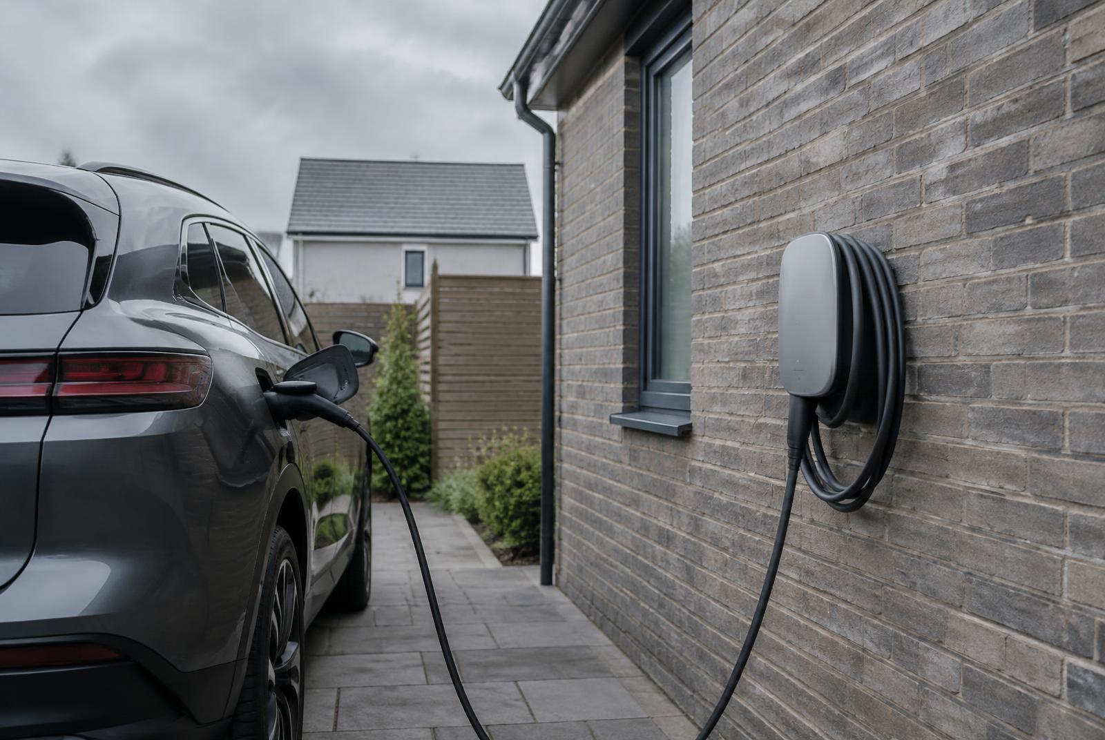 Wall-mounted home EV charger on a brick wall charging an electric car on the driveway