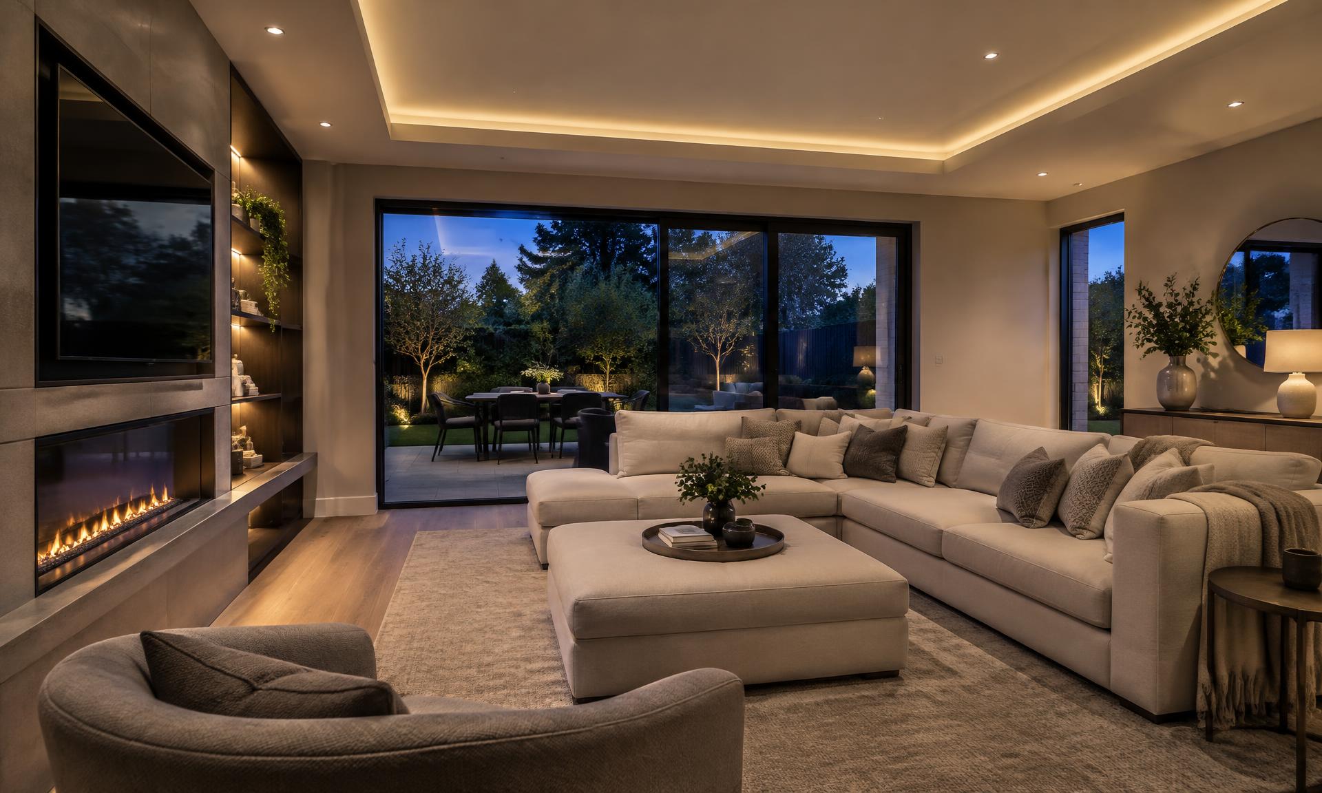 Contemporary living room with recessed downlights and concealed LED ceiling lighting