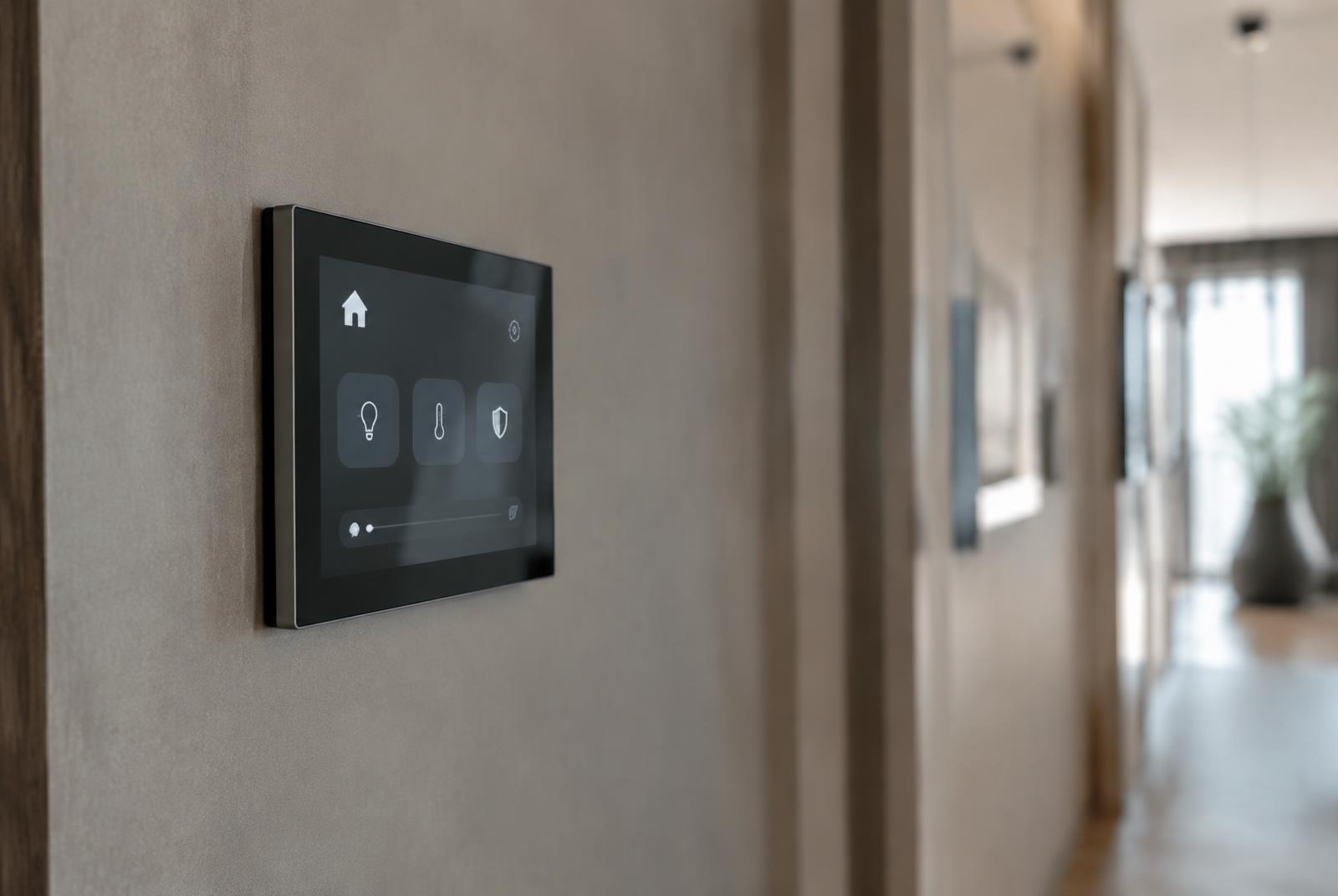 Minimal smart home control panel on a taupe hallway wall
